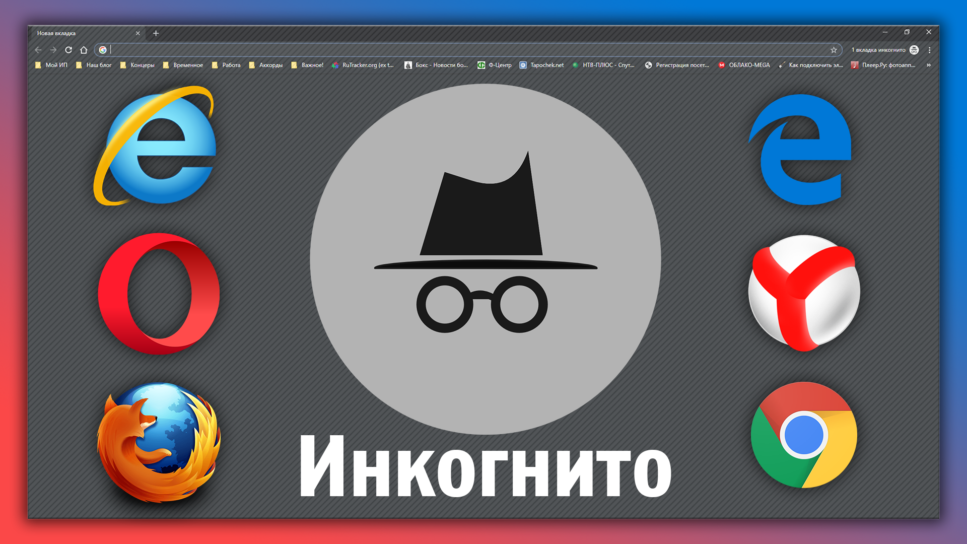 Картинка к статье - режим инкогнито в разных браузерах: иконки браузеров, на фоне "инкогнито" в Google Chrome