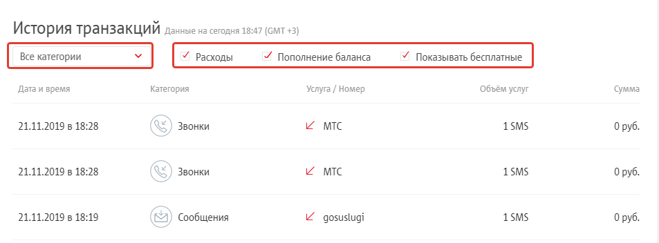 Скриншот выбора категории расходов МТС и возможности отображения