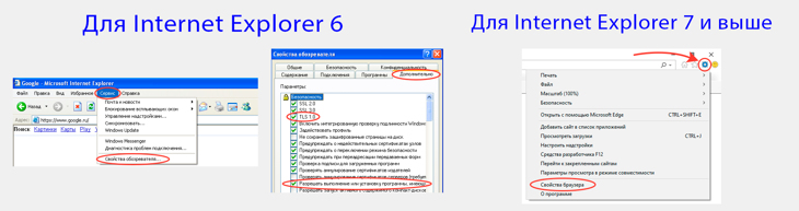 Порядок перехода в свойства обозревателя и редактирование раздела "Дополнительно" в IE 6 и более новых версиях